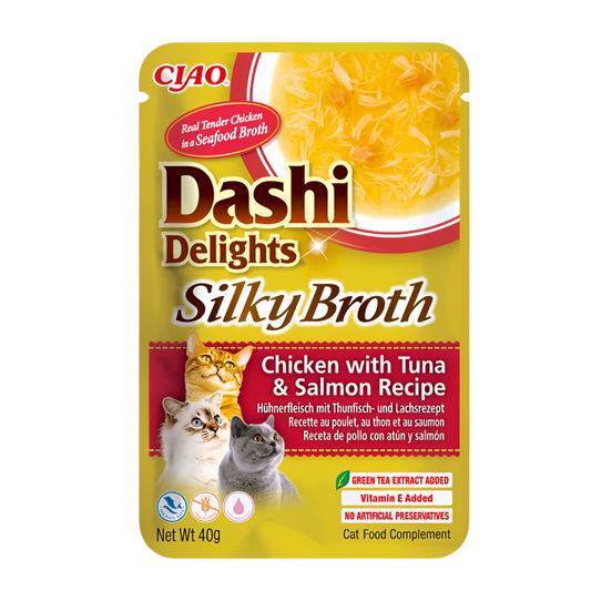 Inaba Dashi Silky Broth pollo con atún y salmón 40g para gatos