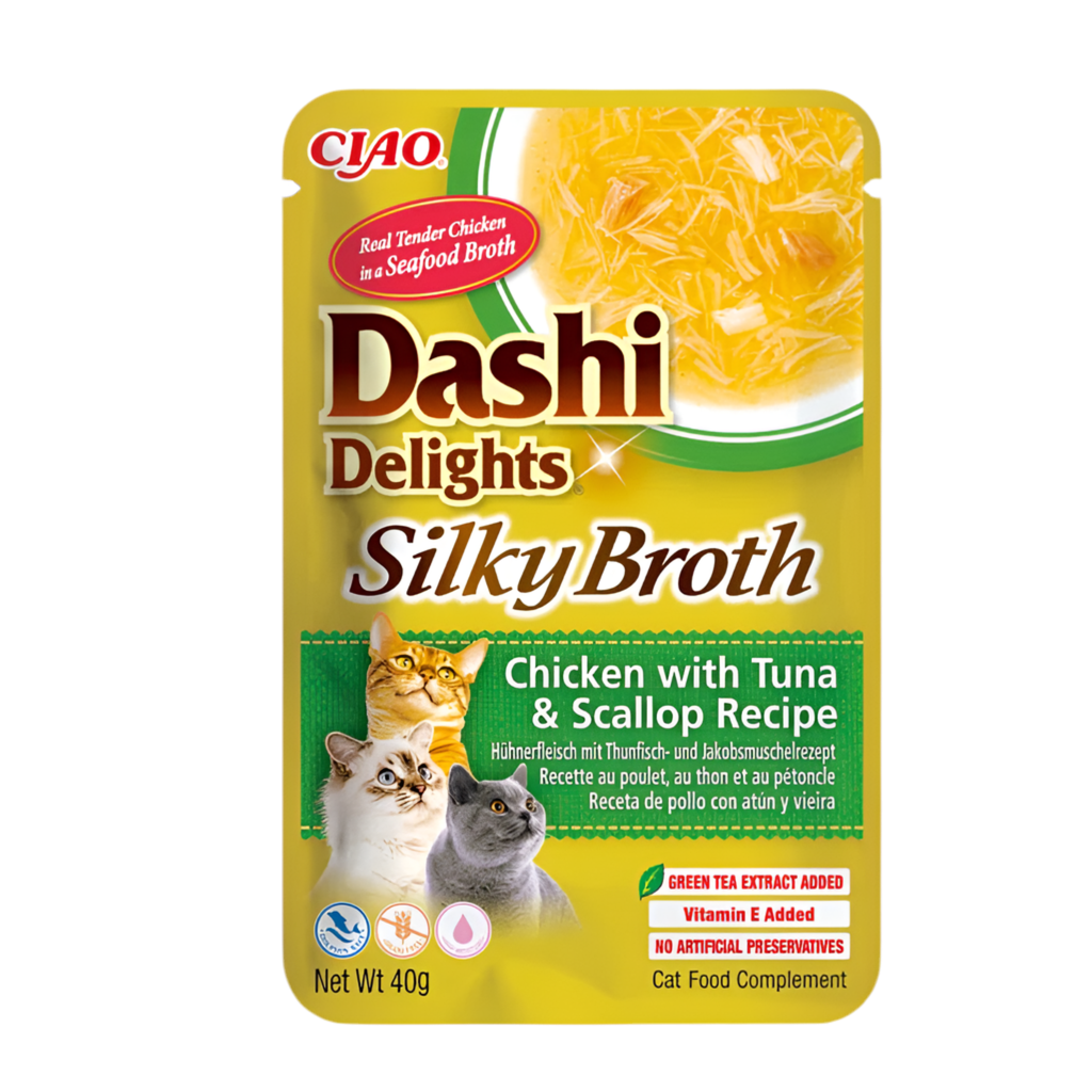 Inaba Dashi Silky Broth pollo con atún y vieira 40g para gatos