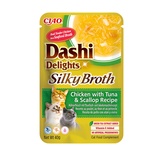 Inaba Dashi Silky Broth pollo con atún y vieira 40g para gatos