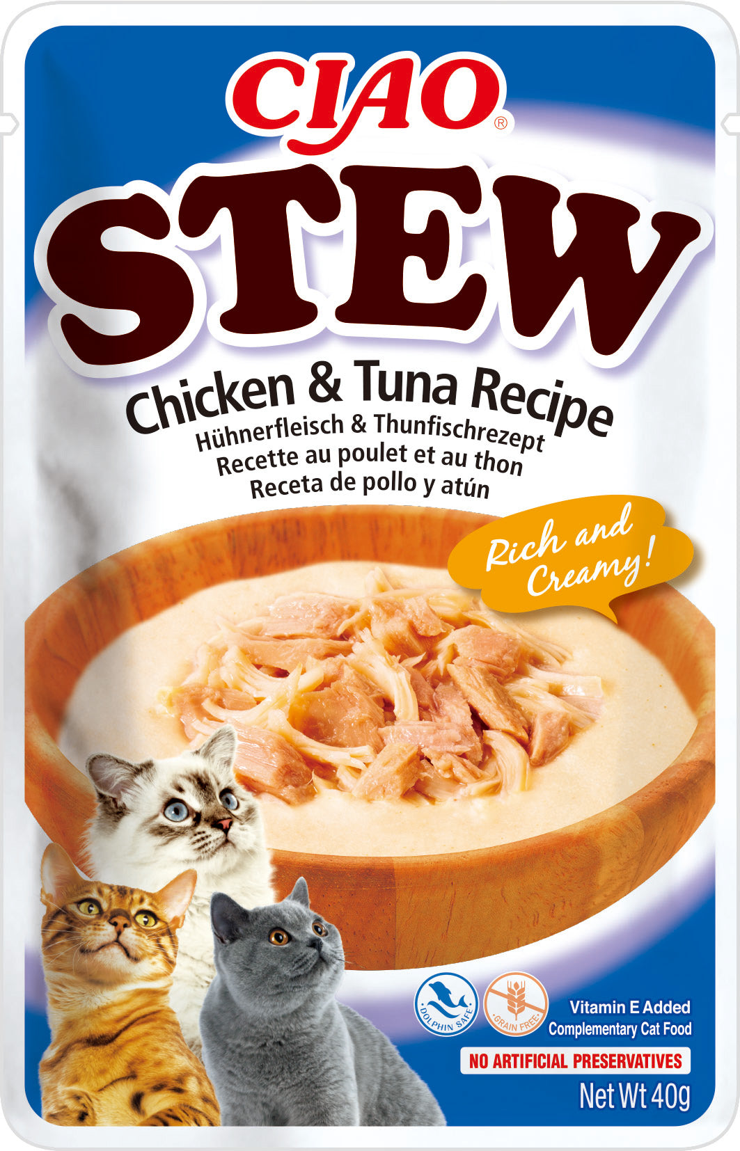 Inaba Stew Pollo con Atún 40g comida húmeda complementaria para gatos