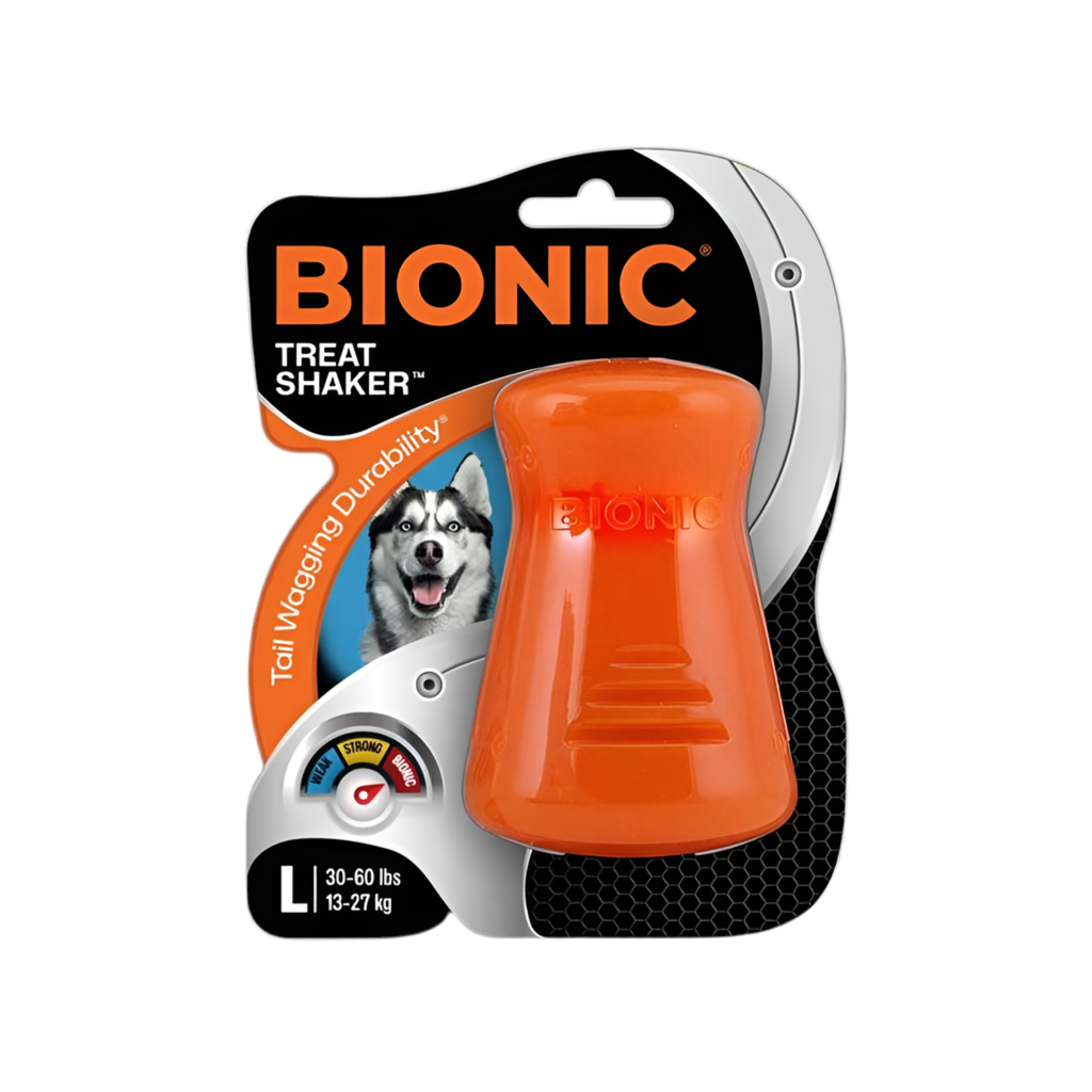 Juguete BIONIC Treat Shaker para perros rellenable y resistente