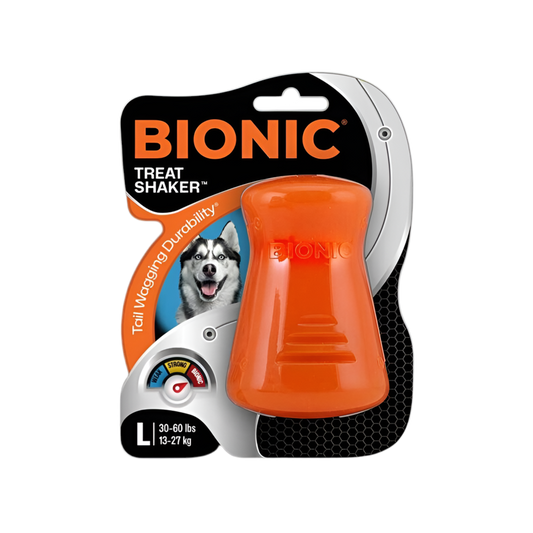 Juguete BIONIC Treat Shaker para perros rellenable y resistente