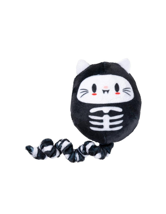 Juguete de Halloween FuzzYard Marrowlyn para gatos, peluche negro de gato esqueleto con cola de tela retorcida