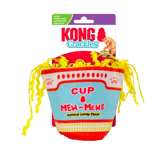 KONG Crackles Noodles para gatos, juguete con forma de vaso rojo y blanco con fideos amarillos de tela
