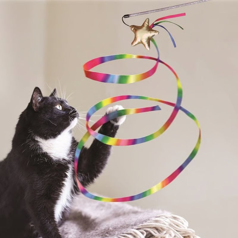 KONG Stellar Teaser caña interactiva con cinta arcoíris para gatos.