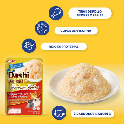 Lascas de pollo atún y salmón en caldo dashi para gatos