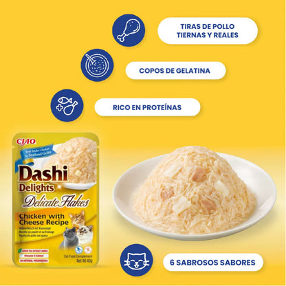 Lascas de pollo con queso en caldo dashi para gatos
