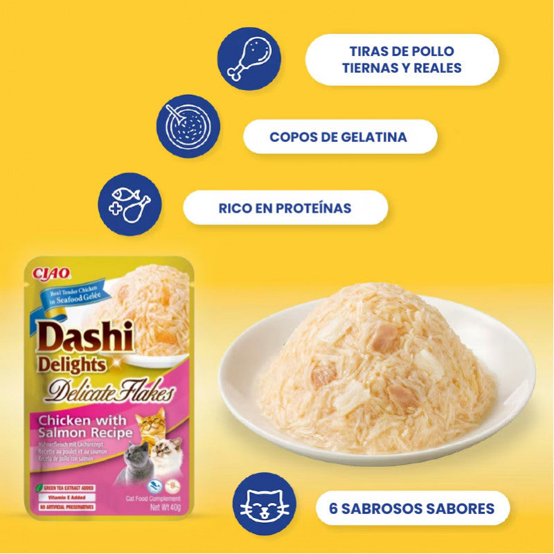 Lascas de pollo con salmón en caldo dashi para gatos