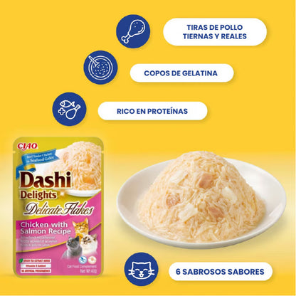 Lascas de pollo con salmón en caldo dashi para gatos