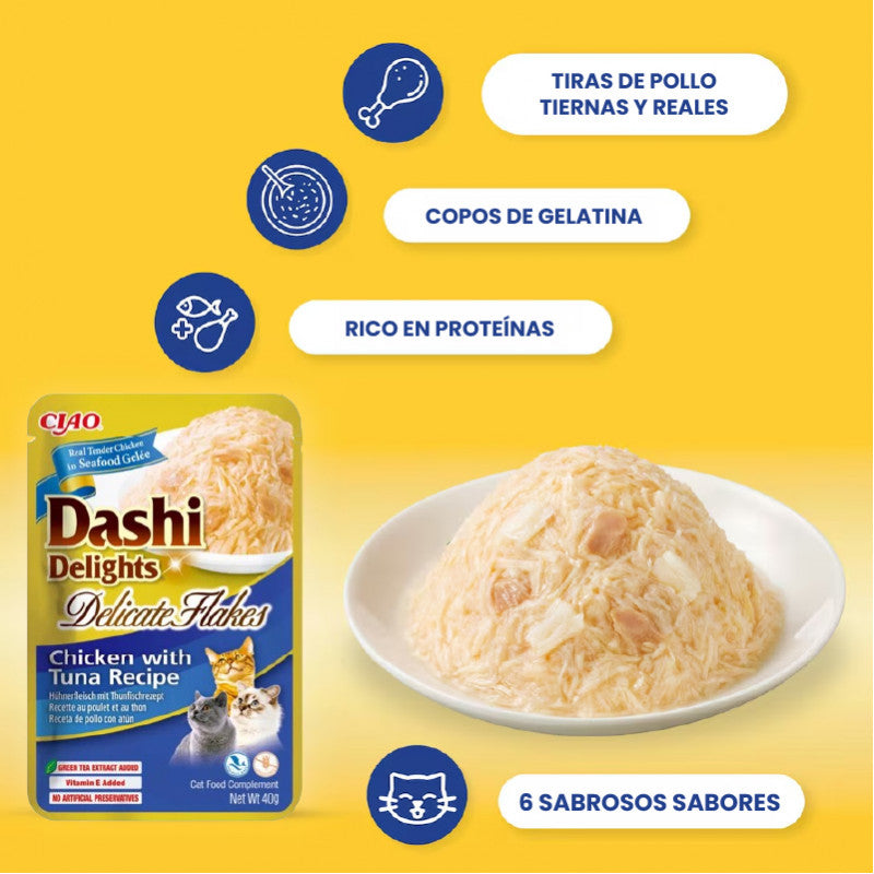 Lascas de pollo y atún en caldo dashi para gatos