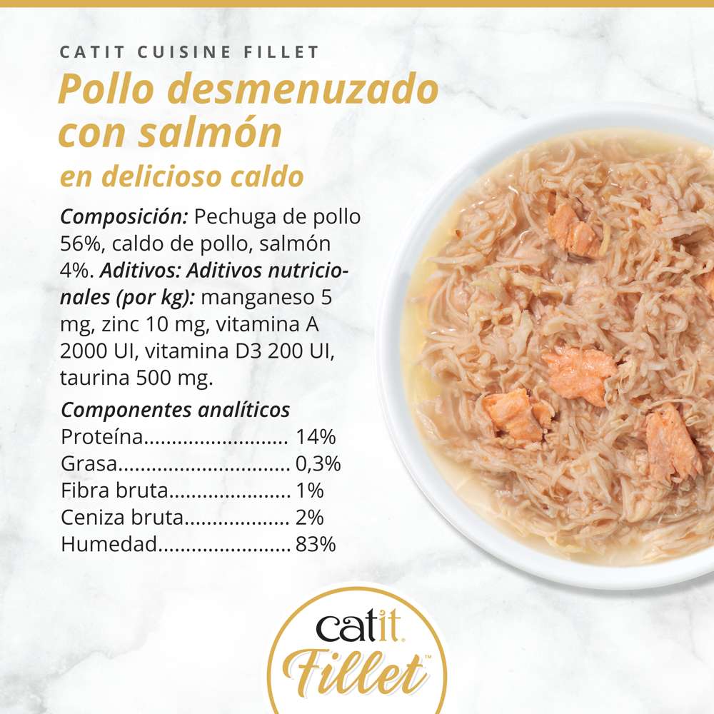 Lata Catit Cuisine Fillet pollo y salmón receta sin cereales para gatos