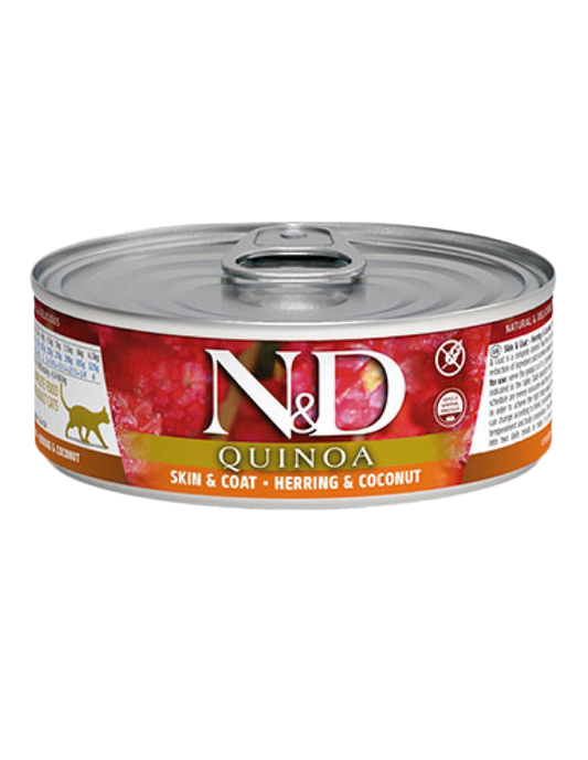 Lata Farmina N&D Quinoa Skin&Coat arenque coco gato 80g