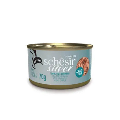 Lata Schesir Silver filetes de atún y caballa en caldo para gatos senior 70 g