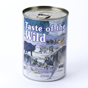 Lata Taste of the Wild Sierra Mountain para perros, receta húmeda sin cereales con cordero.