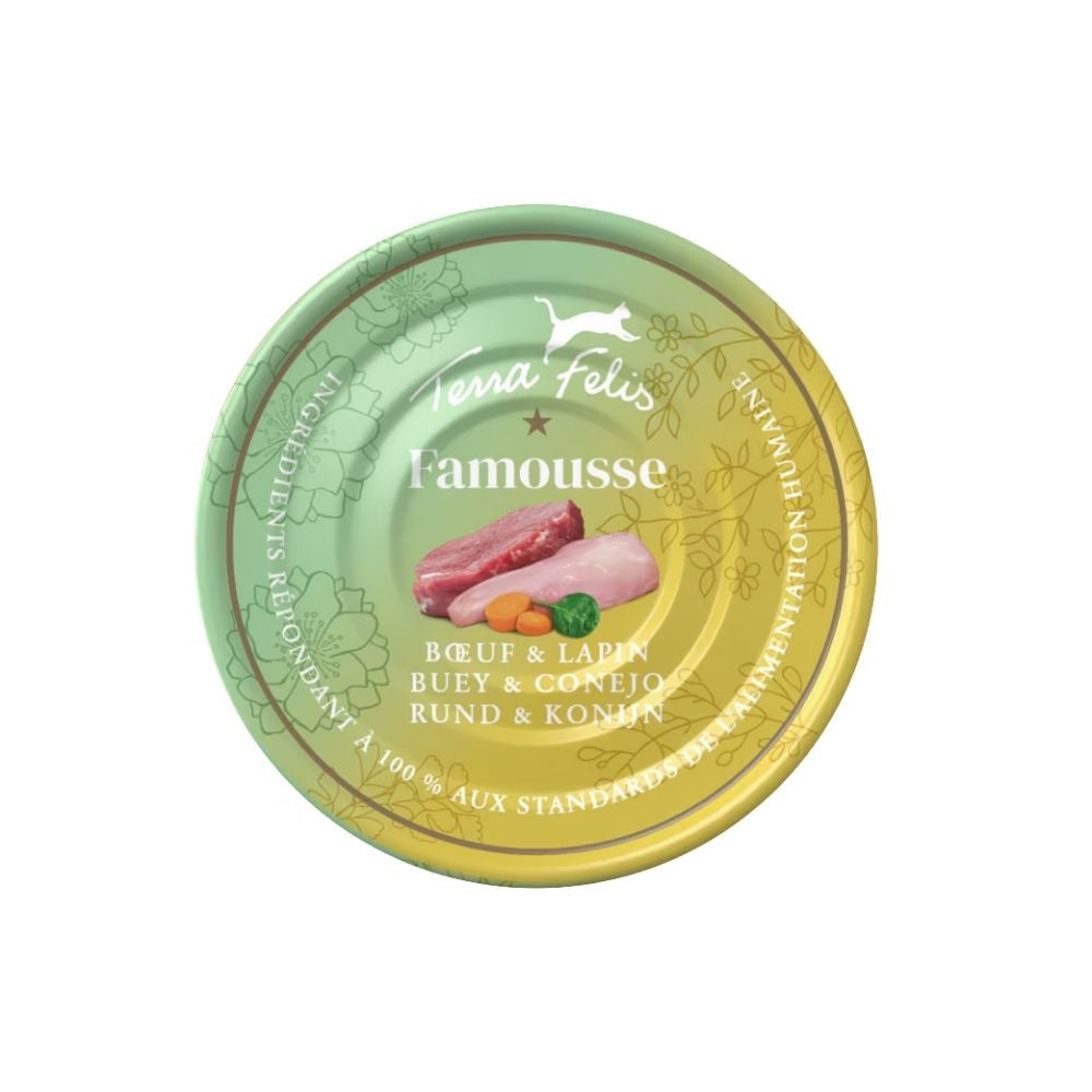 Lata Terra Felis Famousse Buey y Conejo de 80 g, mousse completa para gatos adultos