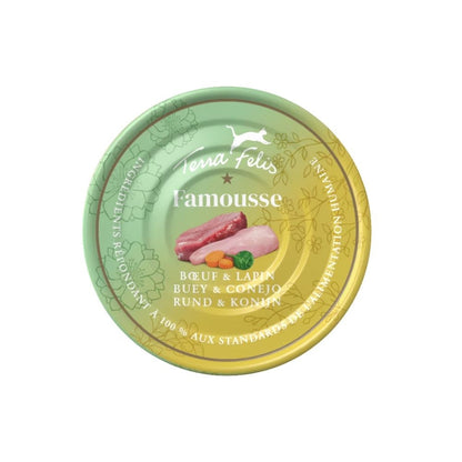 Lata Terra Felis Famousse Buey y Conejo de 80 g, mousse completa para gatos adultos