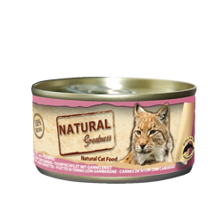 Lata de Natural Greatness Atún con Gambas 70 g, comida húmeda natural para gatos con calabaza.