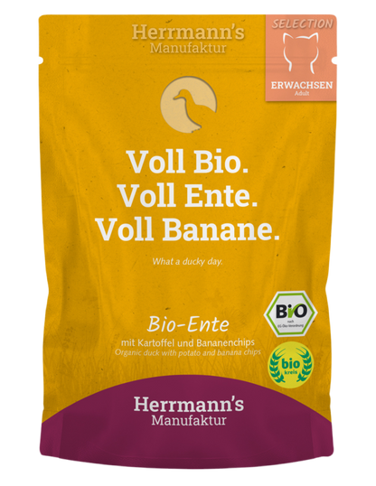 Lata de comida húmeda ecológica Herrmann’s con pato y patata para gatos