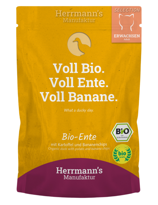 Lata de comida húmeda ecológica Herrmann’s con pato y patata para gatos