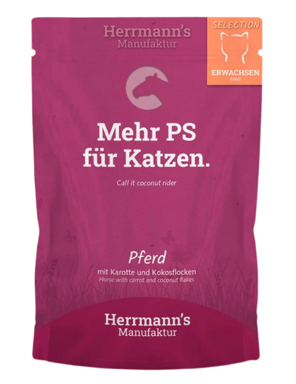 Lata de comida húmeda ecológica Herrmann’s para gatos con carne de caballo y zanahoria