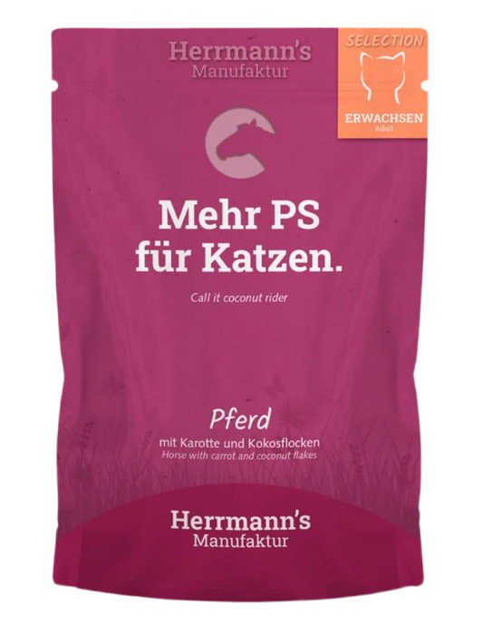Lata de comida húmeda ecológica Herrmann’s para gatos con carne de caballo y zanahoria