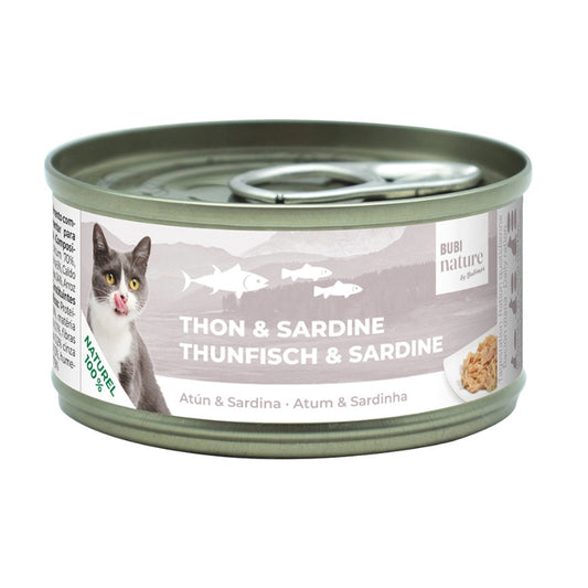 Lata de comida húmeda para gatos Bubi Nature filetes de atún con sardinas 140 g.
