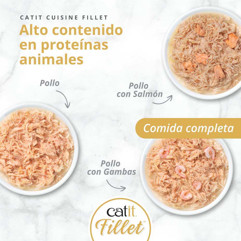 Latas surtidas Catit Cuisine Fillet con pollo y pescado para gatos exigentes