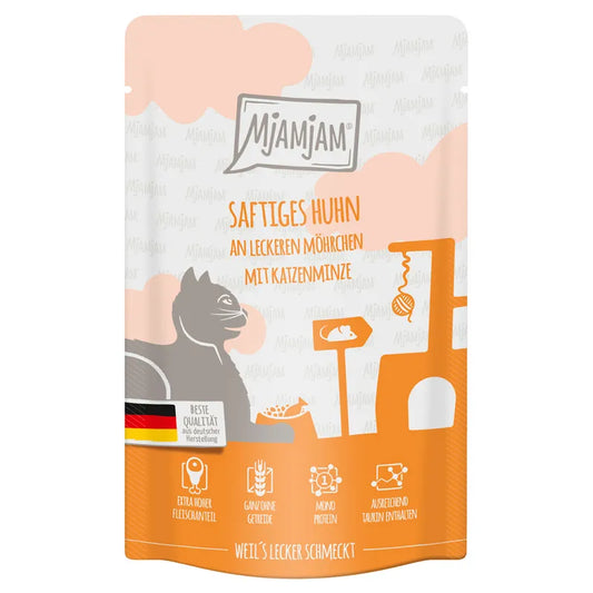 MjAMjAM Quetschie pollo vacuno corazón y menta gatera comida húmeda para gatos adultos