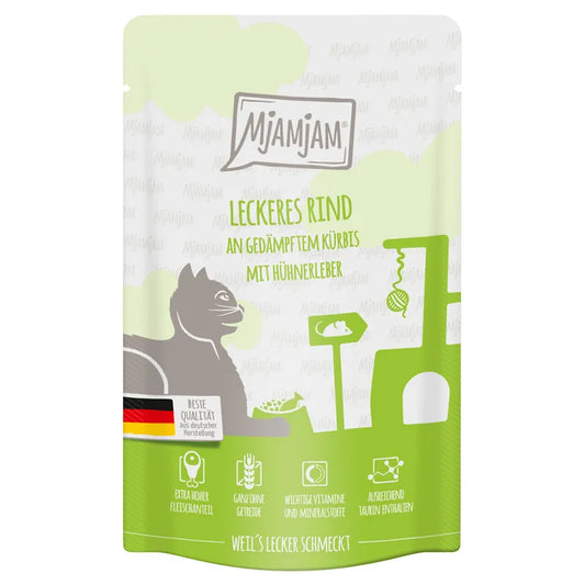 MjAMjAM Quetschie vacuno hígado de pollo y calabaza comida húmeda para gatos adultos
