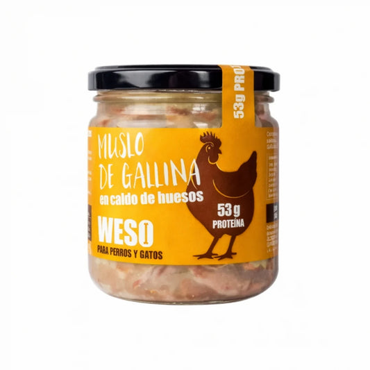 Muslo de gallina en caldo de huesos Weso para gatos y perros