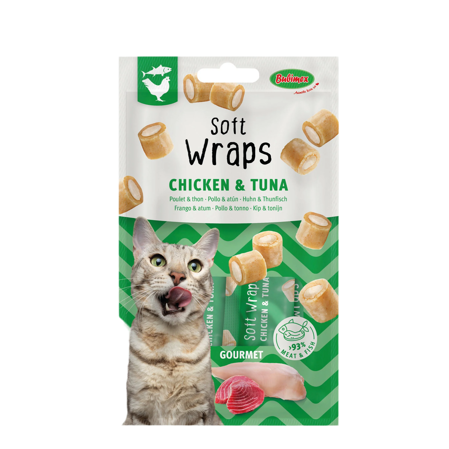 Pack 12 Bubimex Gourmet Wraps gato pollo y atún snacks tiernos