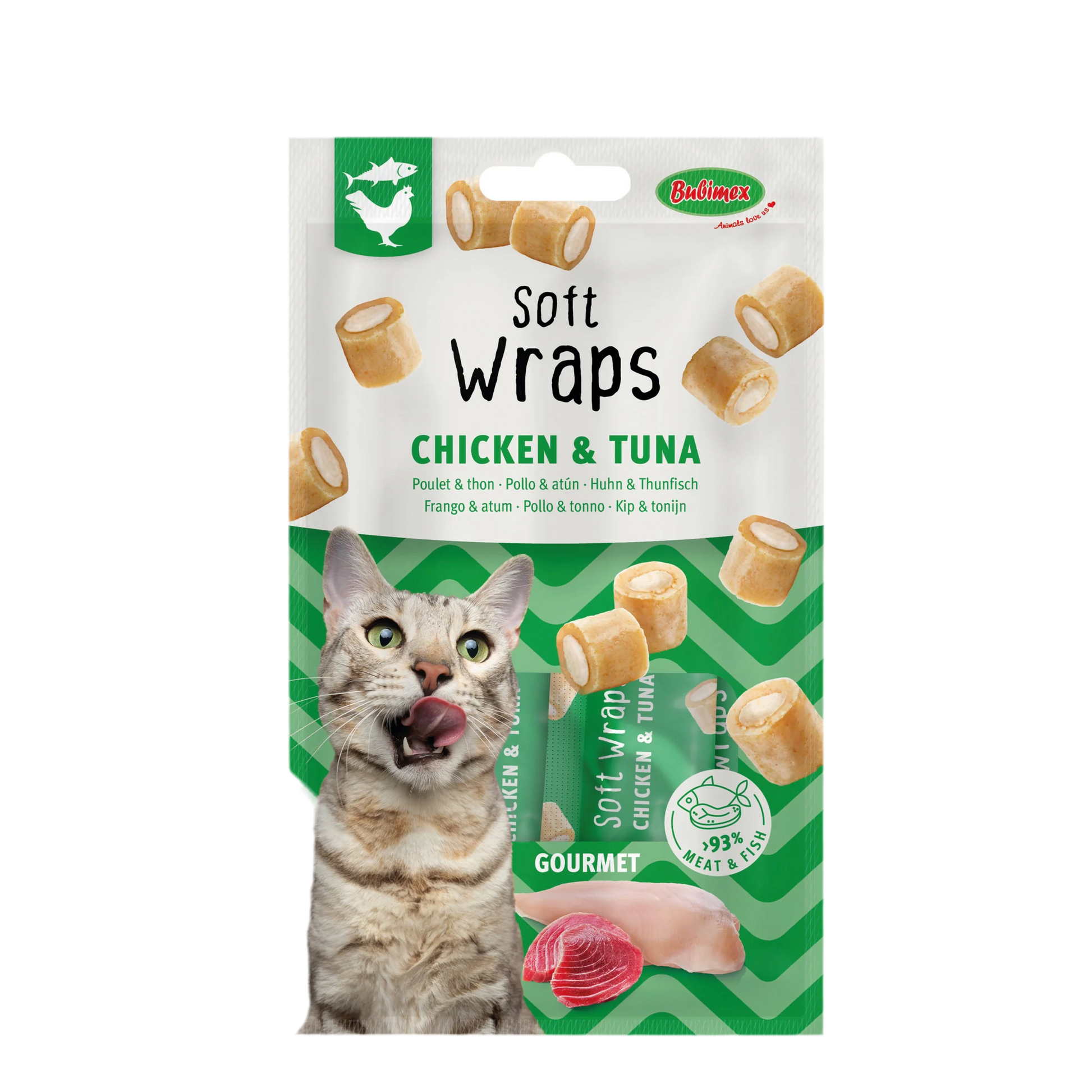 Pack 12 Bubimex Gourmet Wraps gato pollo y atún snacks tiernos