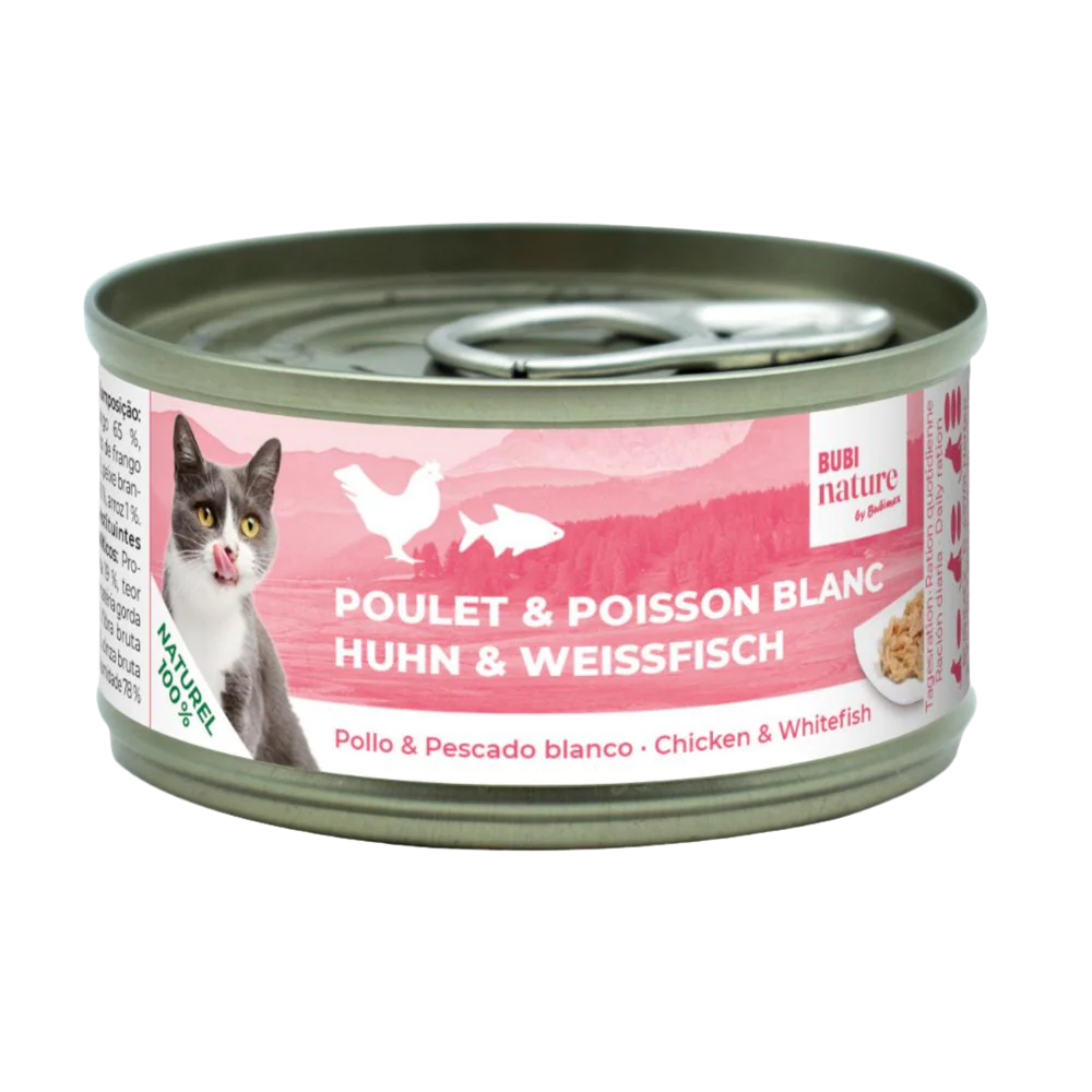 Pack 12 latas Bubi Nature pollo y pescado blanco alimento complementario para gatos