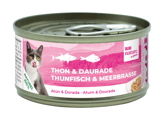 Pack 12 latas Bubimex Nature Atún y Dorada alimento complementario para gatos