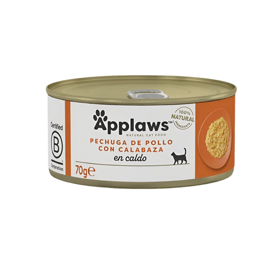 Pack 24 latas Applaws de comida húmeda para gatos, pollo con calabaza en caldo natural de 70g.