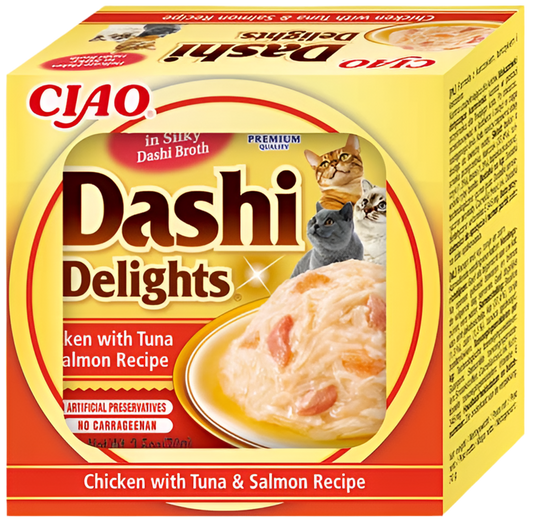 Pack 6 Dashi Delights pollo atún y salmón para gatos