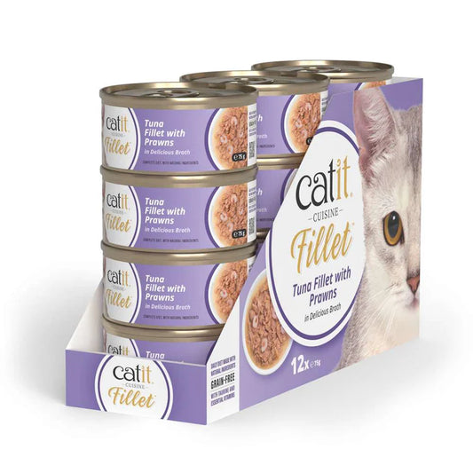 Pack ahorro 12 latas Catit Cuisine Fillet atún con gambas en caldo comida húmeda completa para gatos alta en proteína y sin cereales