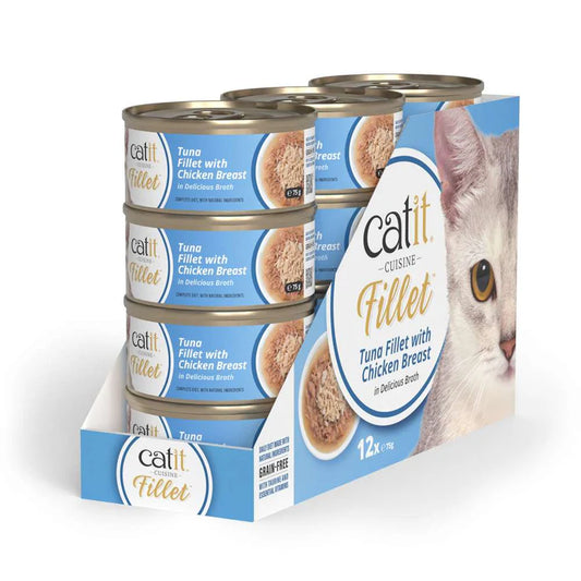 Pack ahorro 12 latas Catit Cuisine Fillet atún con pollo en caldo comida húmeda completa para gatos alta en proteína y sin cereales