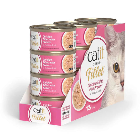 Pack ahorro 12 latas Catit Cuisine Fillet pollo con gambas comida húmeda gatos