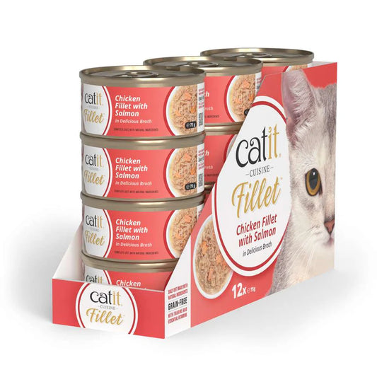 Pack ahorro 12 latas Catit Cuisine Fillet pollo con salmón comida húmeda gatos