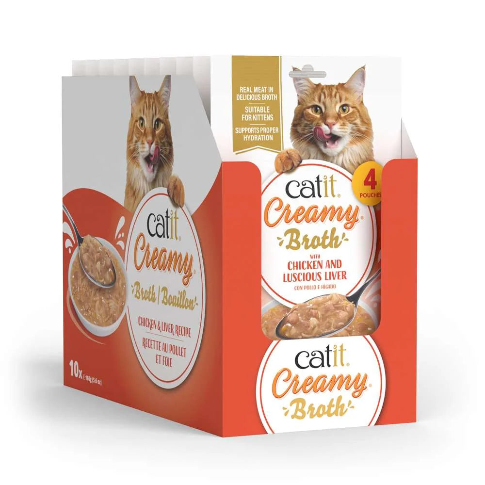 Pack ahorro de 10 paquetes de Catit Creamy Broth Pollo e Hígado, con 40 sobres de 40 g