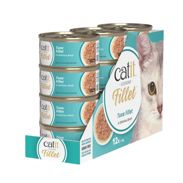 Pack ahorro de 12 latas Catit Cuisine Fillet atún en caldo comida húmeda completa para gatos alta en proteína