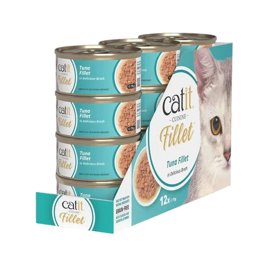 Pack ahorro de 12 latas Catit Cuisine Fillet atún en caldo comida húmeda completa para gatos alta en proteína