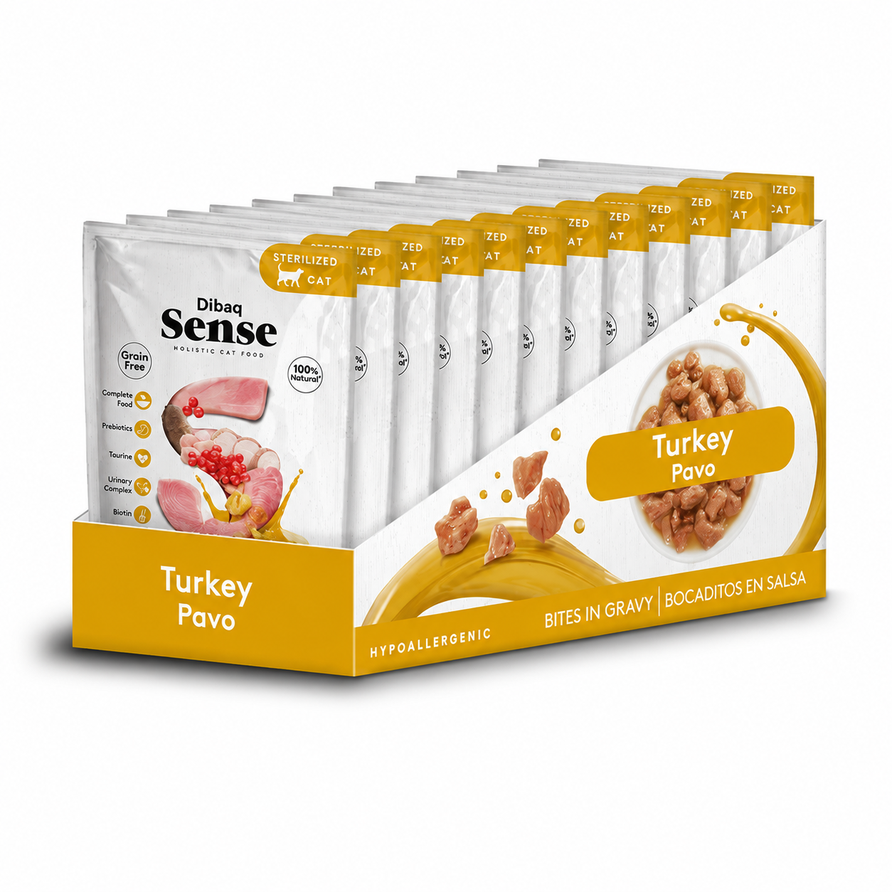 Pack ahorro de 12 sobres Dibaq Sense Bocaditos en Salsa de Pavo para Gatos Esterilizados