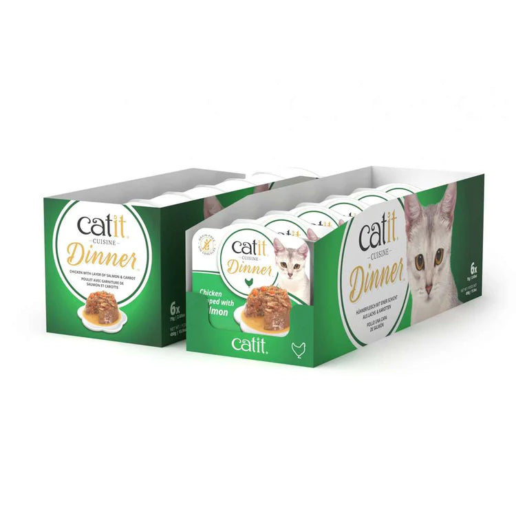 pack ahorro 6 tarrinas catit cuisine dinner pollo con salmón comida húmeda para gatos