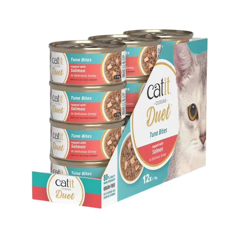 Pack de 12 latas Catit Cuisine Duet atún con salmón comida húmeda completa para gatos con doble textura en salsa