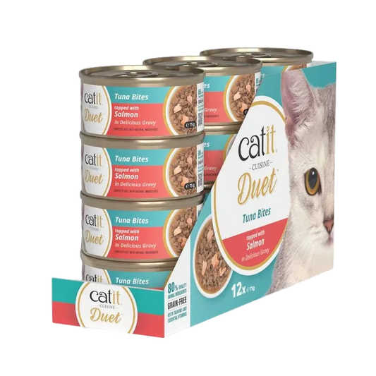 Pack de 12 latas Catit Cuisine Duet atún con salmón comida húmeda completa para gatos con doble textura en salsa