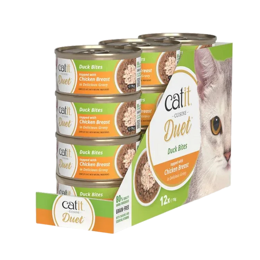 Pack de 12 latas Catit Cuisine Duet pato con pollo comida húmeda completa para gatos con doble textura en salsa