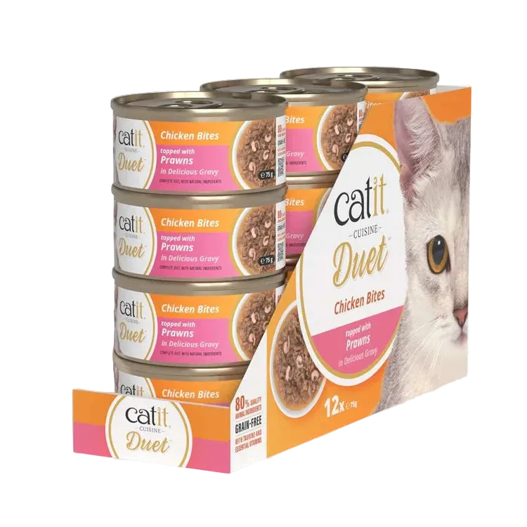 Pack de 12 latas Catit Cuisine Duet pollo con gambas comida húmeda completa para gatos con doble textura en salsa