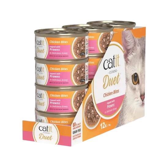 Pack de 12 latas Catit Cuisine Duet pollo con gambas comida húmeda completa para gatos con doble textura en salsa